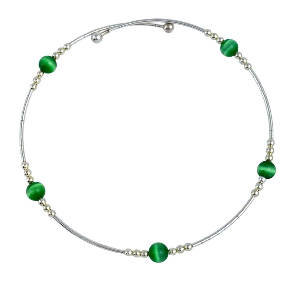 Vintage Sterling Silver 925 Green Cat’s Eye Memory Wire Bracelet 7.5"